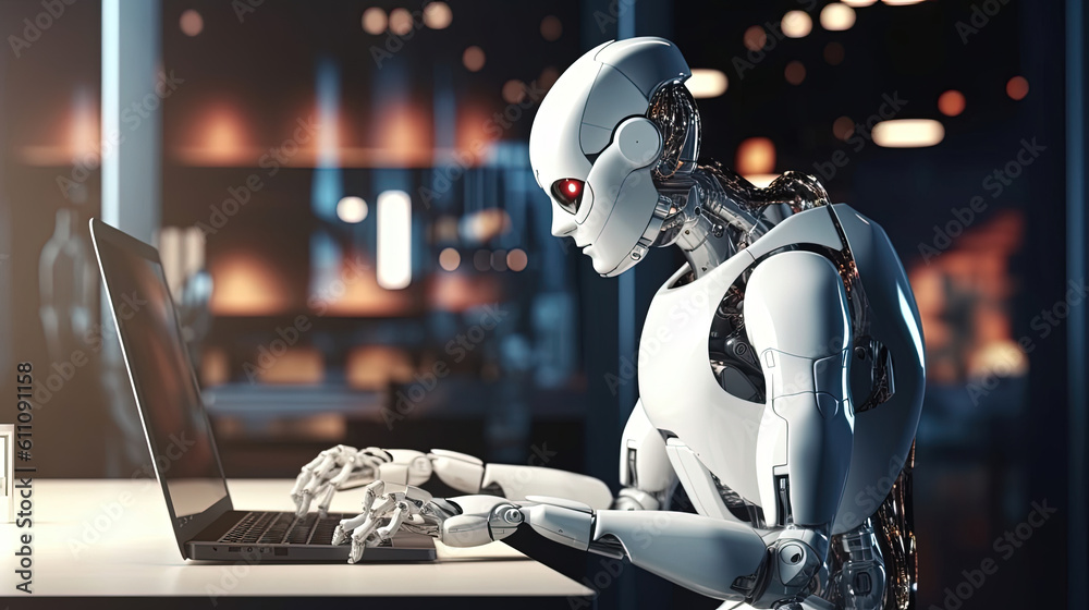 Fototapeta premium Robot autonomous concept. Many AI cyborg android working with laptop in office. Chat GPT chatbot, Generative AI