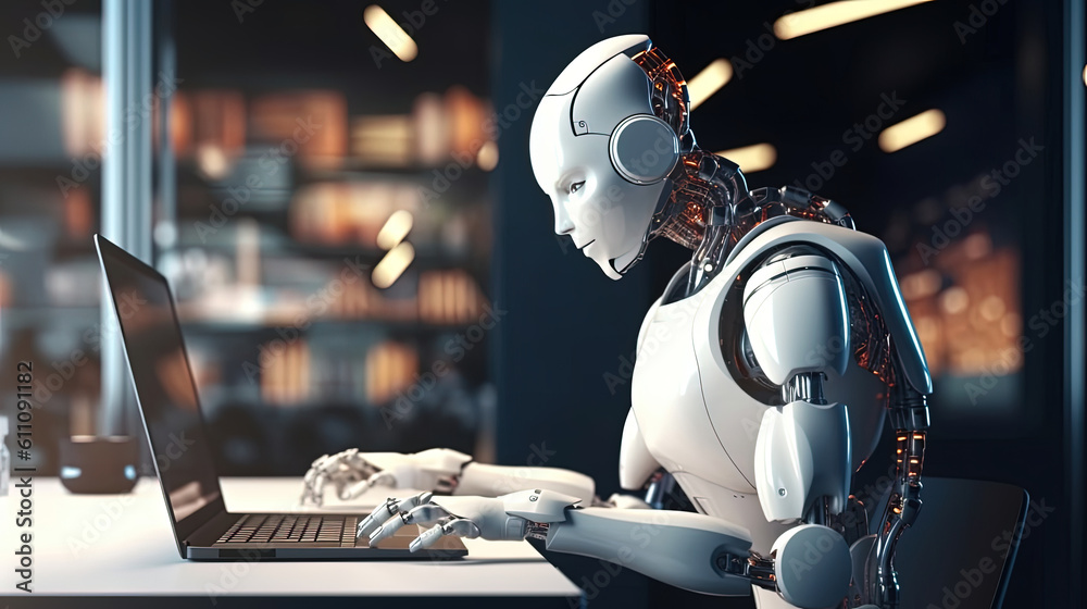 Robot autonomous concept. Many AI cyborg android working with laptop in office. Chat GPT chatbot, Generative AI