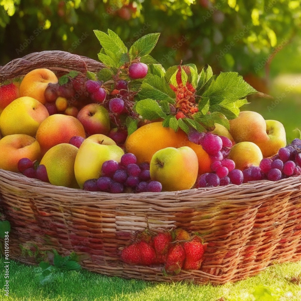 Obraz premium Basket full of fresh fruits is in a garden at summer.
