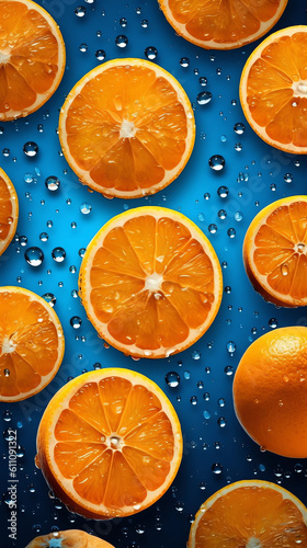 Fresh orange fruit with water drops on blue background 