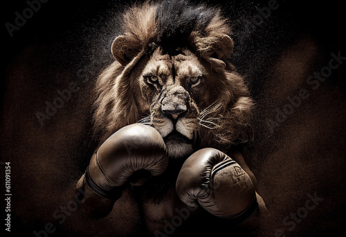 Portrait of a lion with boxing gloves. AI Generated