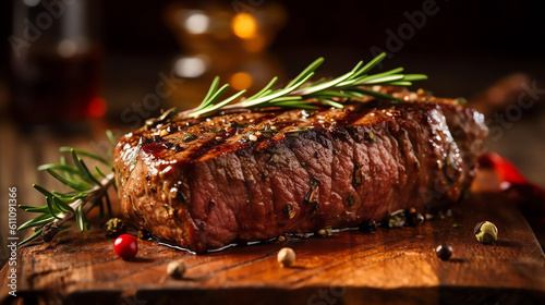 Delicious grilled steak and spices on wooden board 