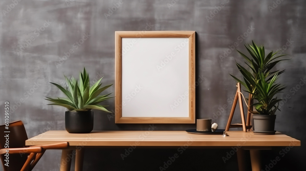 Mock up poster frame in interior with wooden table and green plant in vase