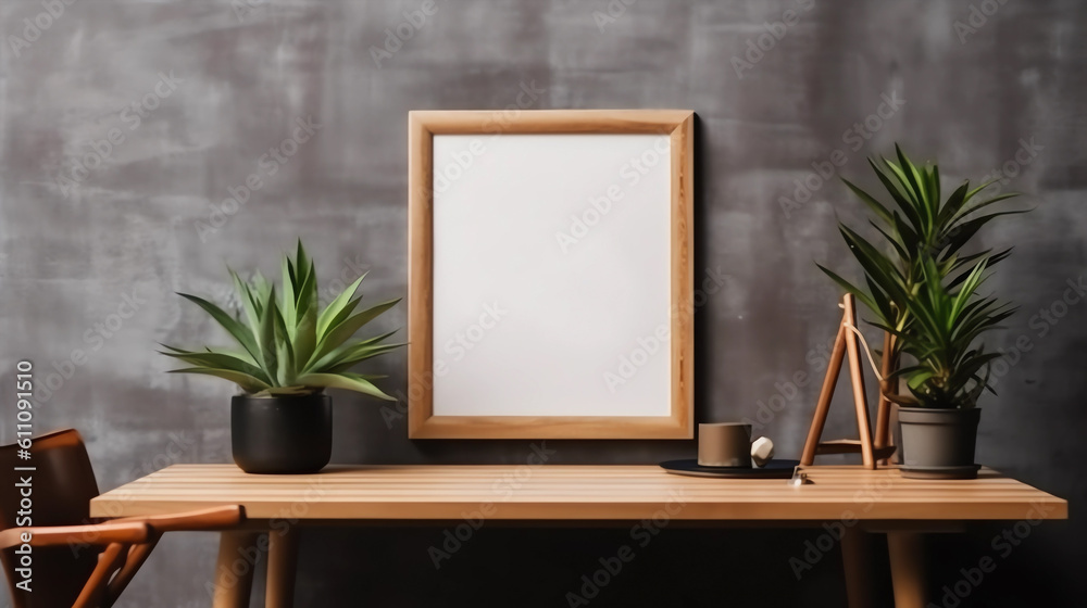 Mock up poster frame in interior with wooden table and green plant in vase Mock up poster frame in interior with wooden table and green plant in vase