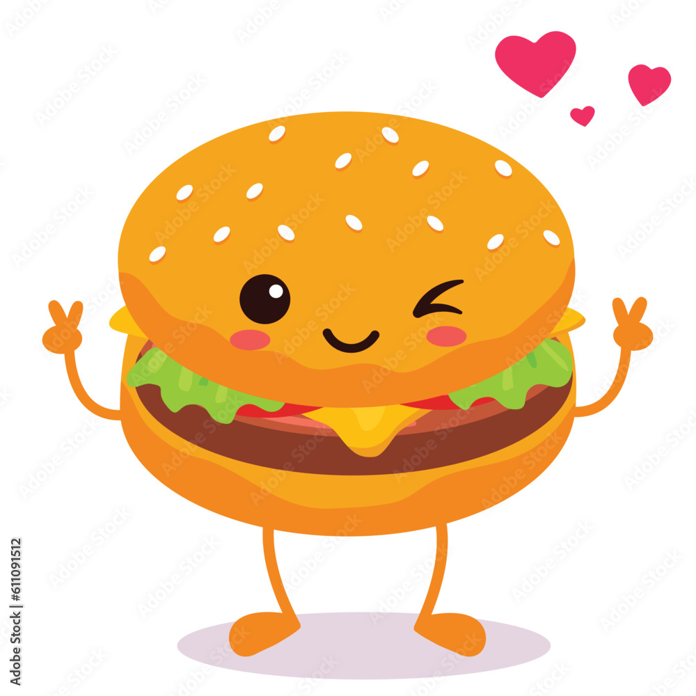 Happy smiling Kawaii cute burger. Vector flat cartoon character illustration icon design. Isolated on white background. burger, fast food