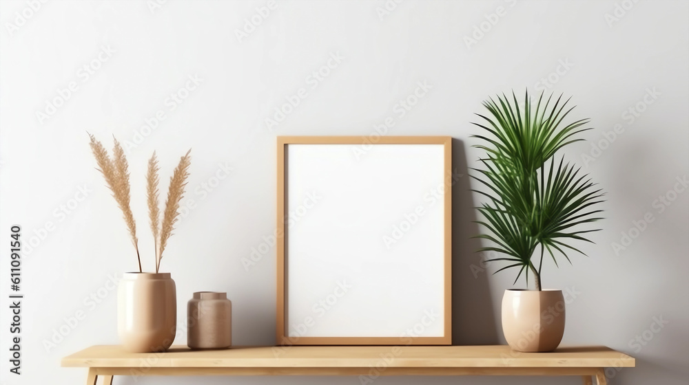 Mock up poster frame in interior with wooden table and green plant in vase Mock up poster frame in interior with wooden table and green plant in vase
