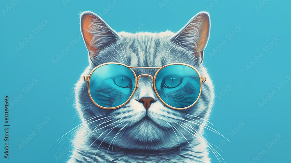 A cute cat with glasses on a blue background
