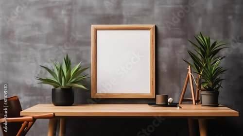 Mock up poster frame in interior with wooden table and green plant in vase