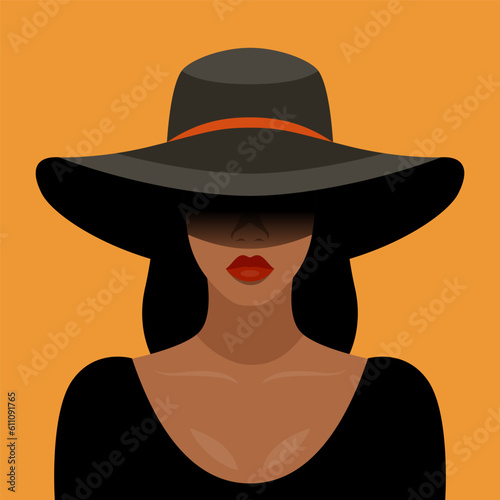 Vector Background. Beautiful Young African American Black Woman with Black Hair, Closed Face with Big Hat, Wide Margins Covering Her Face, Flat Style. Solidarity People, Womens Rights Concept