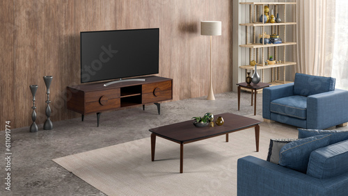 3D render tv room , sofa , coffee table and tv table set in modern decoration 