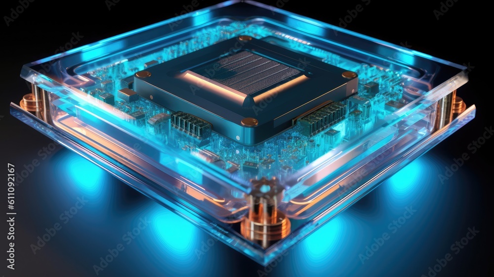 Obraz premium Block chain network concept technology virtual reality neon data stream gpu cpu background created with generative ai technology, quantum chip, isolinear chip, integrated circuit board, holographic