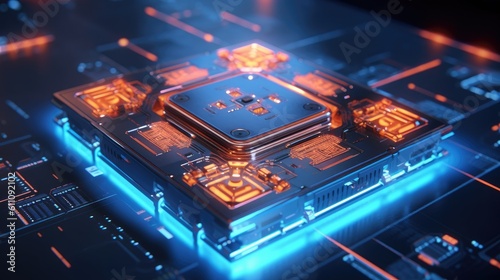 Block chain network concept technology virtual reality neon data stream gpu cpu background created with generative ai technology, quantum chip, isolinear chip, integrated circuit board, holographic