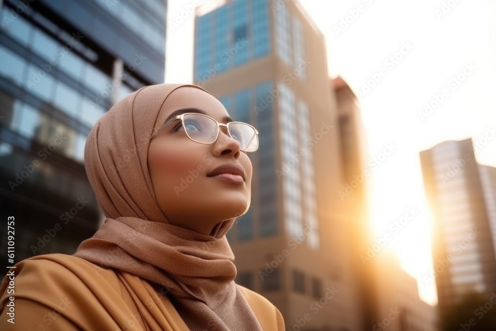 Happy wealthy rich successful middle eastern businesswoman standing in big city modern skyscrapers street on sunset thinking of successful vision, dreaming of new opportunities. Generative AI Happy wealthy rich successful middle eastern businesswoman standing in big city modern skyscrapers street on sunset thinking of successful vision, dreaming of new opportunities. Generative AI