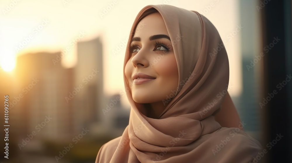 Happy wealthy rich successful middle eastern businesswoman standing in big city modern skyscrapers street on sunset thinking of successful vision, dreaming of new opportunities. Generative AI Happy wealthy rich successful middle eastern businesswoman standing in big city modern skyscrapers street on sunset thinking of successful vision, dreaming of new opportunities. Generative AI