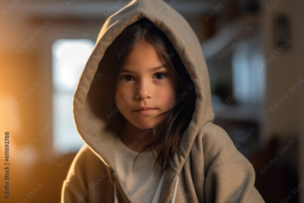 Medium shot portrait photography of a glad kid female wearing a cozy zip-up hoodie against a cozy bed and breakfast background. With generative AI technology