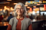 Medium shot portrait photography of a glad mature woman wearing a cozy sweater against a lively sports bar background. With generative AI technology