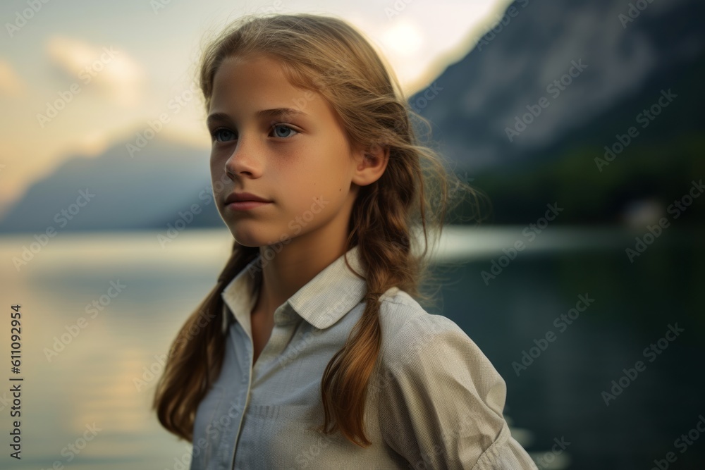 Photography in the style of pensive portraiture of a glad kid female wearing a casual short-sleeve shirt against a scenic lagoon background. With generative AI technology Photography in the style of pensive portraiture of a glad kid female wearing a casual short-sleeve shirt against a scenic lagoon background. With generative AI technology