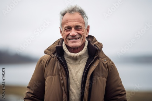 Lifestyle portrait photography of a grinning mature man wearing a cozy winter coat against a scenic lagoon background. With generative AI technology