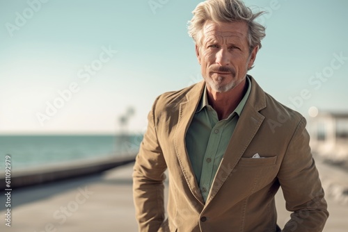 Lifestyle portrait photography of a tender mature man wearing a chic jumpsuit against a scenic lagoon background. With generative AI technology