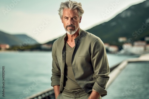 Lifestyle portrait photography of a tender mature man wearing a chic jumpsuit against a scenic lagoon background. With generative AI technology