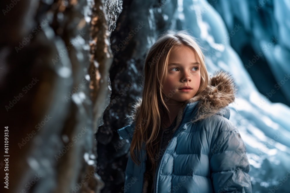 Lifestyle portrait photography of a glad kid female wearing comfortable jeans against a majestic ice cave background. With generative AI technology Lifestyle portrait photography of a glad kid female wearing comfortable jeans against a majestic ice cave background. With generative AI technology