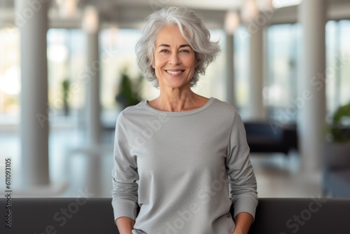 Lifestyle portrait photography of a happy mature woman wearing soft sweatpants against a quiet library background. With generative AI technology