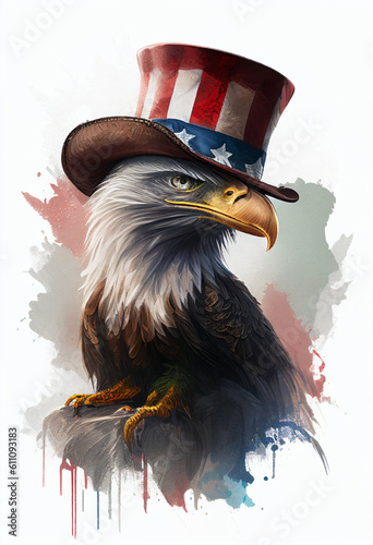 An eagle in an cylinder hat in the colors of the American flag on a white background. AI Generated
