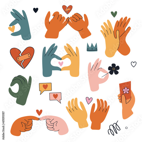 Set of colorful hands holding different objects, hearts, flowers, cards, fingers and gestures. Love message. Colored flat graphic vector illustration isolated on white background.