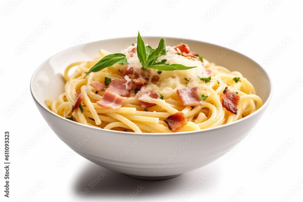 isolated background lunch carbonara cheese italian plate spaghetti pasta food parsley. Generative AI. isolated background lunch carbonara cheese italian plate spaghetti pasta food parsley. Generative AI.