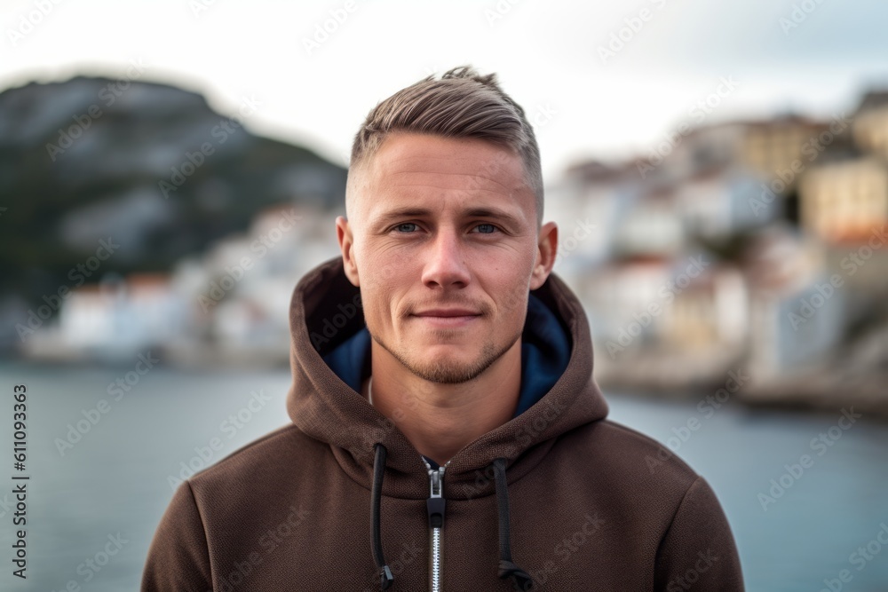 Headshot portrait photography of a glad boy in his 30s wearing a comfortable hoodie against a picturesque fishing village background. With generative AI technology Headshot portrait photography of a glad boy in his 30s wearing a comfortable hoodie against a picturesque fishing village background. With generative AI technology