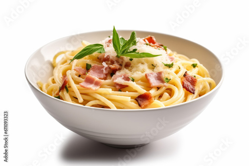 isolated background lunch carbonara cheese italian plate spaghetti pasta food parsley. Generative AI.