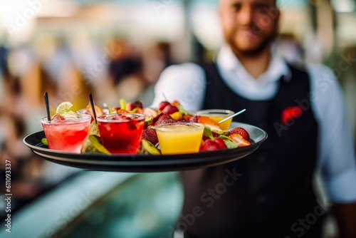 The bartender with delicious summer cocktails, generative ai