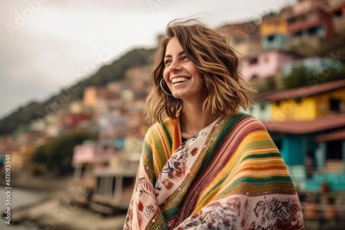 Lifestyle portrait photography of a joyful girl in her 30s wearing a unique poncho against a picturesque fishing village background. With generative AI technology