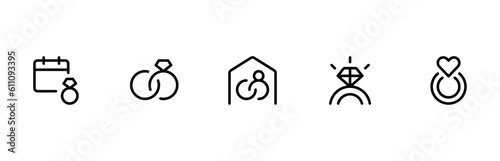 Engagement ring icon, wedding ring icon, diamond ring icon vector set design with Editable Stroke. Line, Solid, Flat Line, thin style and Suitable for Web Page, Mobile App, UI, UX design.