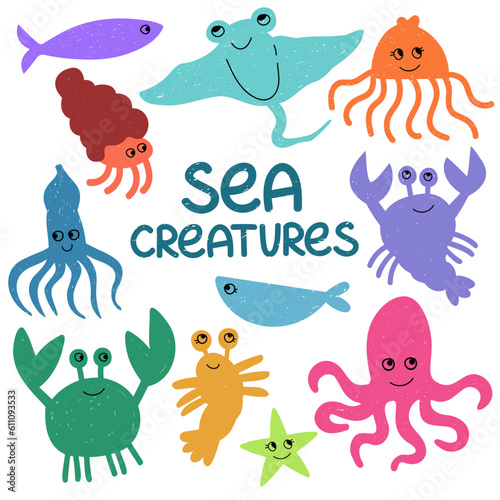Cute sea creatures and animals vector icons isolated on white background. Marine life. Kawaii cute cartoon style.