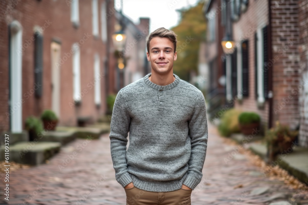 Full-length portrait photography of a satisfied boy in his 30s wearing a cozy sweater against a historic colonial village background. With generative AI technology Full-length portrait photography of a satisfied boy in his 30s wearing a cozy sweater against a historic colonial village background. With generative AI technology