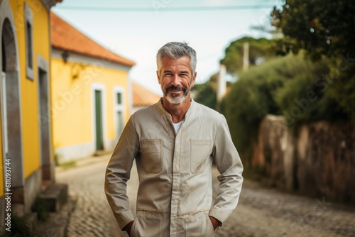 Environmental portrait photography of a satisfied mature man wearing a chic jumpsuit against a historic colonial village background. With generative AI technology © Markus Schröder
