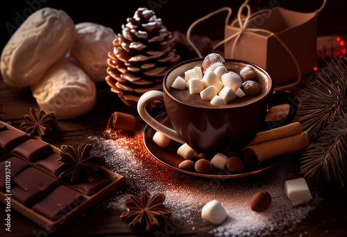 Aromatic cocoa with marshmallow near the Christmas tree. AI Generated