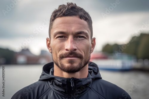 Headshot portrait photography of a glad boy in his 30s wearing a comfortable tracksuit against a scenic riverboat background. With generative AI technology
