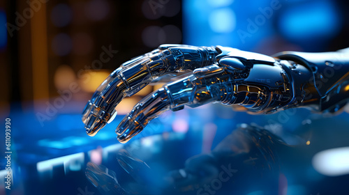 A close-up shot of a futuristic robotic hand interacting with a holographic interface, showcasing advanced technology, innovation. AI Generative.
