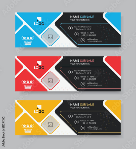 Corporate business Colorful Email Signature. Professional Modern and Minimal Layout. Set three different color banner template	

