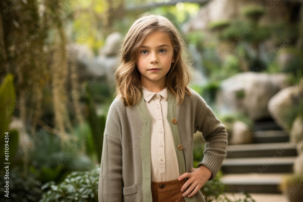 Environmental portrait photography of a glad kid female wearing a chic cardigan against a serene rock garden background. With generative AI technology Environmental portrait photography of a glad kid female wearing a chic cardigan against a serene rock garden background. With generative AI technology