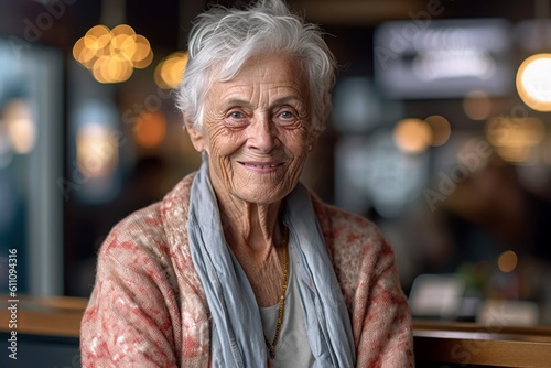 Close-up portrait photography of a glad old woman wearing soft sweatpants against a bustling cafe background. With generative AI technology