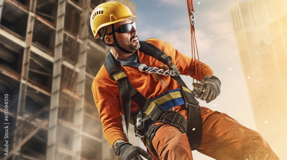 Generative AI construction worker falling from a height of under building construction site but has a safety harness device and tension zip line they are equipped with life-saving safety equipment  - obrazy, fototapety, plakaty 