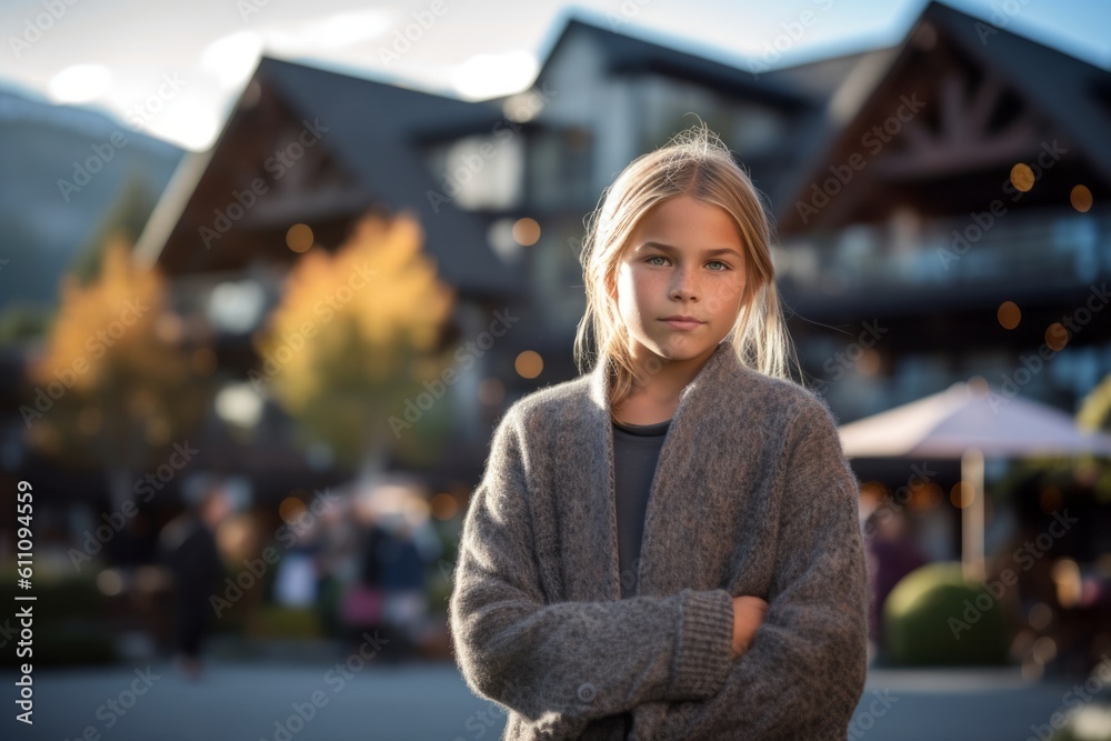 Lifestyle portrait photography of a glad kid female wearing a chic cardigan against a cozy mountain lodge background. With generative AI technology