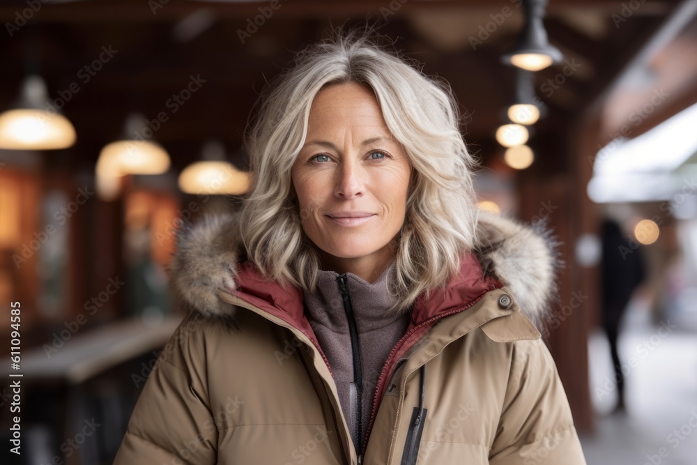 Close-up portrait photography of a glad mature woman wearing a durable parka against a cozy mountain lodge background. With generative AI technology