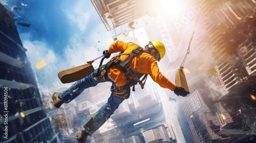 Generative AI construction worker falling from a height of under building construction site but has a safety harness device and tension zip line they are equipped with life-saving safety equipment 