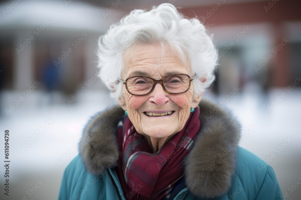Close-up portrait photography of a happy old woman wearing a cozy winter coat against a bustling university campus background. With generative AI technology Close-up portrait photography of a happy old woman wearing a cozy winter coat against a bustling university campus background. With generative AI technology