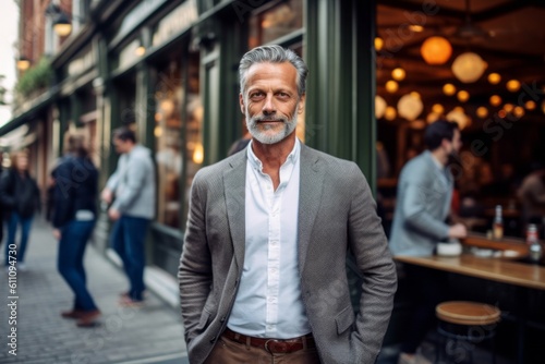 Full-length portrait photography of a satisfied mature man wearing an elegant long-sleeve shirt against a lively pub background. With generative AI technology