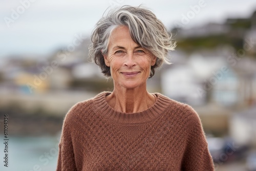 Close-up portrait photography of a glad mature girl wearing a cozy sweater against a scenic coastal village background. With generative AI technology